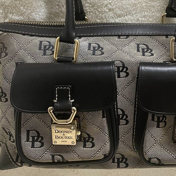 Dooney & Bourke Black/Grey Double Pocket Canvas/Leather Quilted Pattern Satchel - Picture 11 of 14